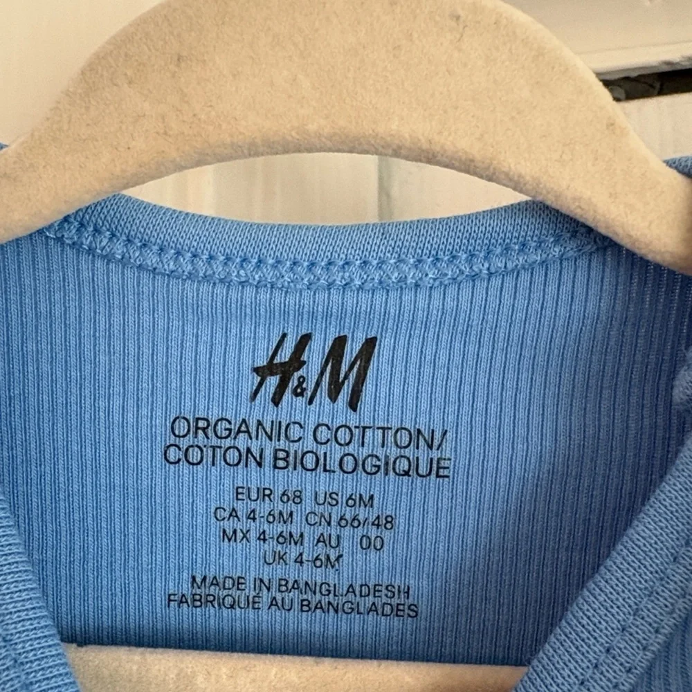 H&M Blue Ribbed Organic Cotton Bodysuit + Beige Palm Tree Terry Cloth Shirt